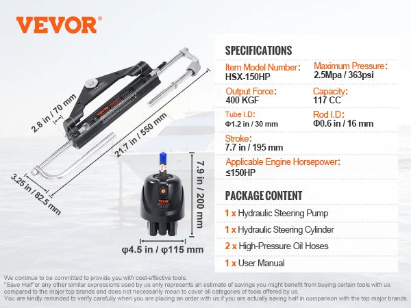 SucceBuy Hydraulic Outboard Steering Kit 90HP/150HP/300HP & Helm Pump and 24FT/26Ft Hose for Single Station Single-Engine Boats