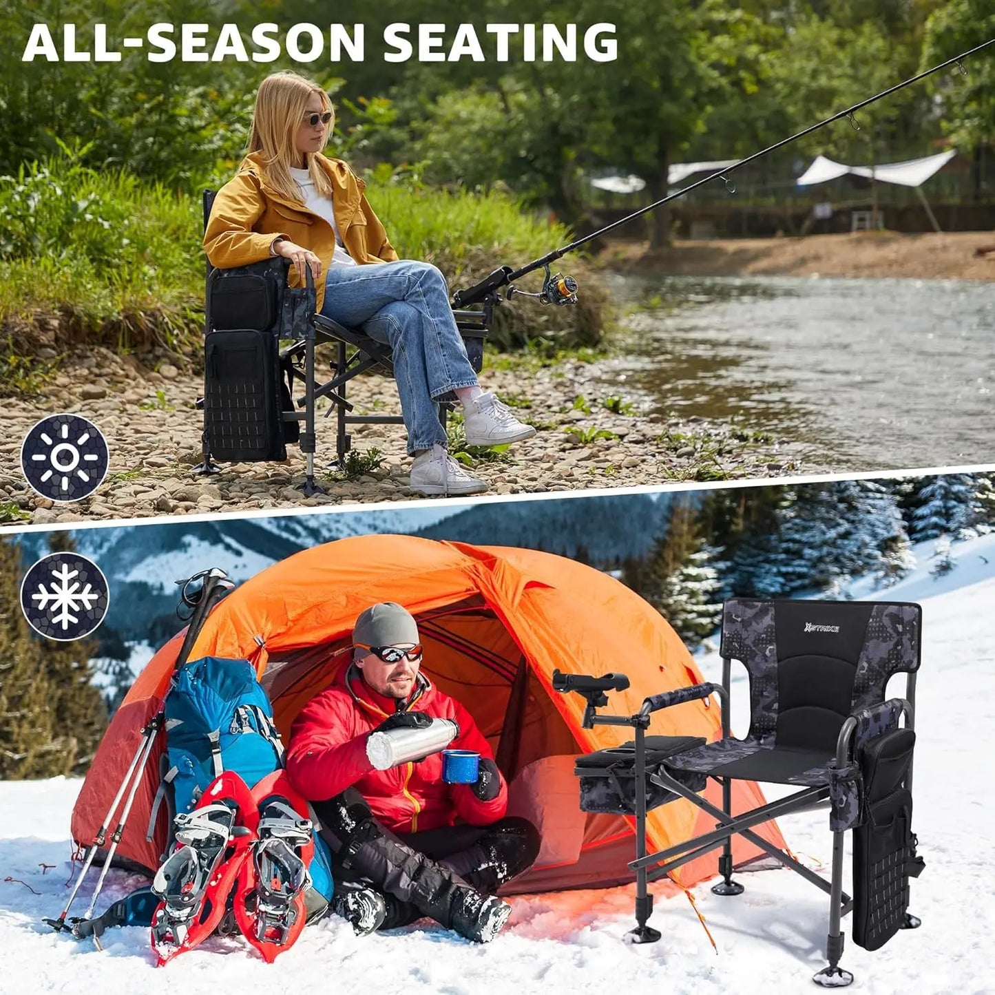 Heated Folding Fishing Chair with Rod Holder, Cooler Bag, Adjustable Feet for Outdoor Camping and Ice Fishing - 350LBS Capacity