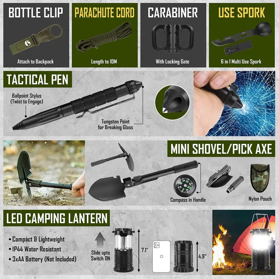 Kit, 268 Pcs Emergency Survival Gear and Equipment Supplies with First Aid Kit, Camping Axe, Headlamp, Crossbody Bag for Camping