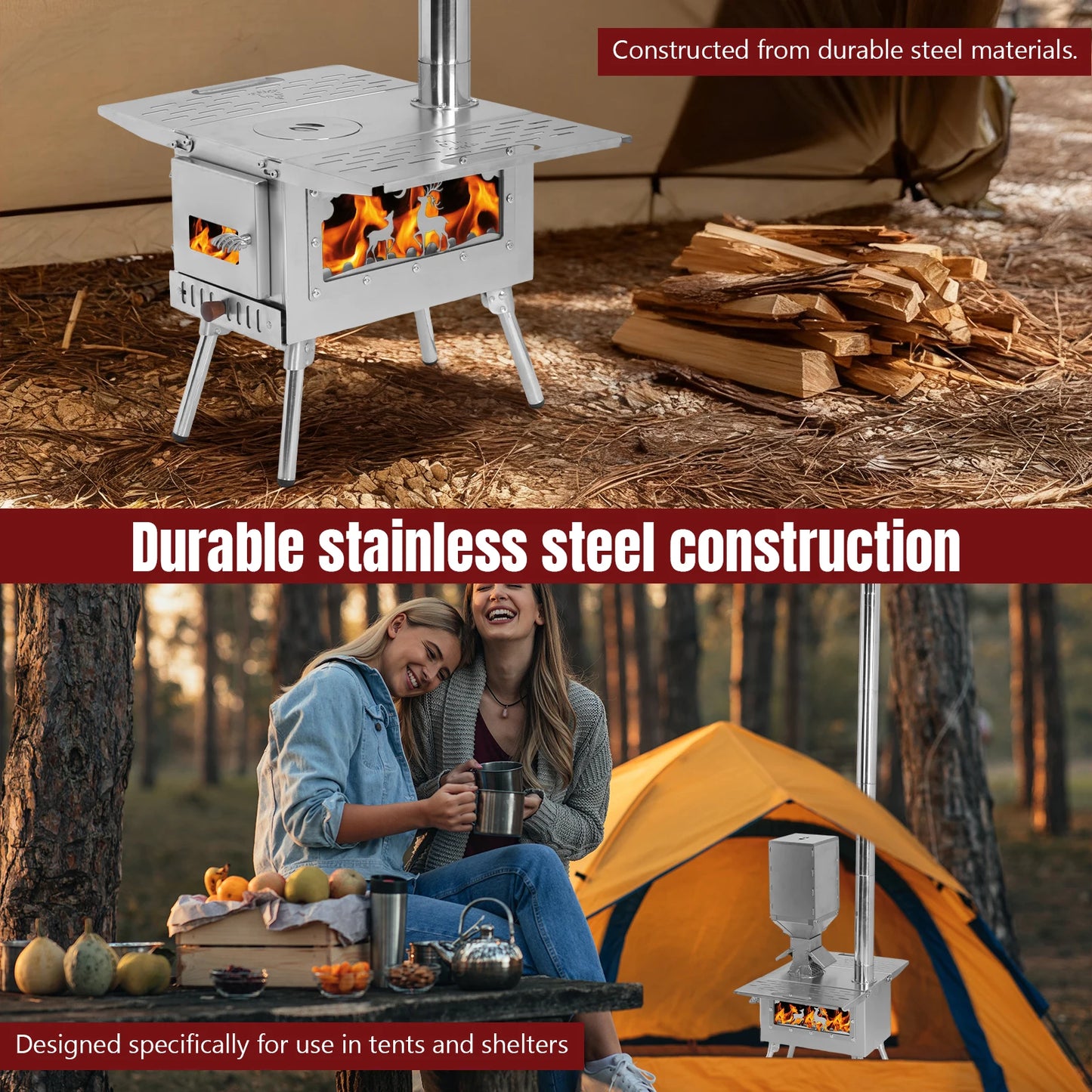 Portable Wood Burning Stove with Stainless Steel Construction Camping Stove for Outdoor Heating & Cooking Ice Fishing Hunting