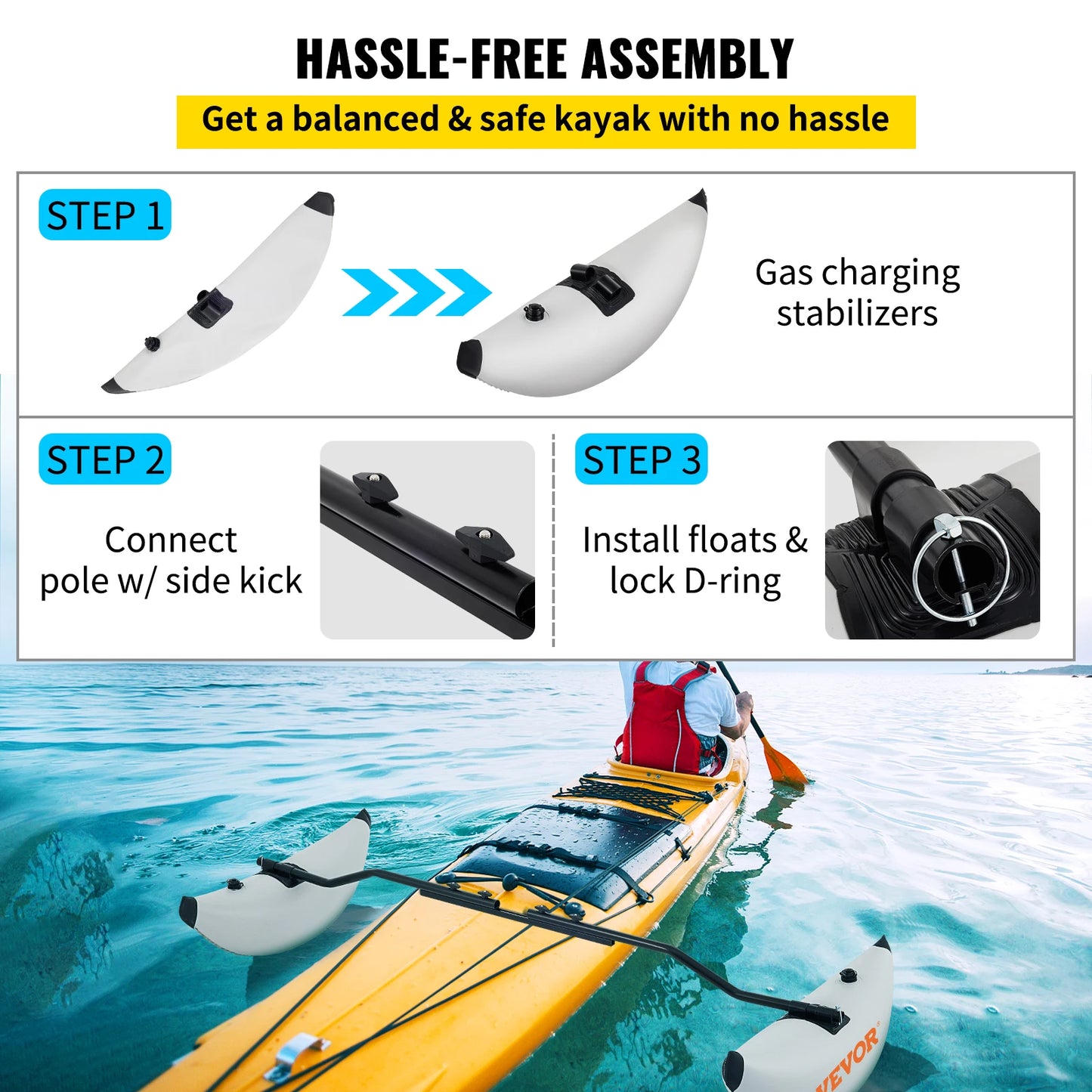VEVOR 2 Pcs Kayak Outrigger Stabilizer Inflatable Outrigger Float Standing Float Stabilizer System Kit for Canoes Fishing Boats
