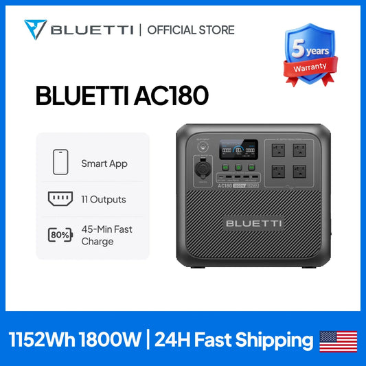 【Brand New】BLUETTI AC180 1152Wh 1800W Portable Power Station LiFePO4 Solar Generator 3500+ Cycles For Camping Hiking Fish