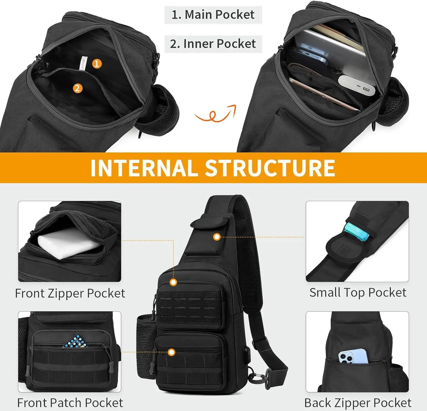 Tactical EDC Sling Bag Black Military One Strap Shoulder Backpack Small Molle Range Bags Chest Pack