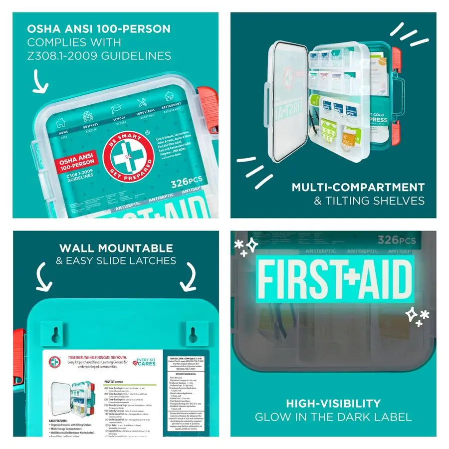 First Aid Kit, Teal, 326 Piece, Exceeds OSHA and ANSI Guidelines 100 People Office, Home, Car, School, Emergency, Survival, Camp