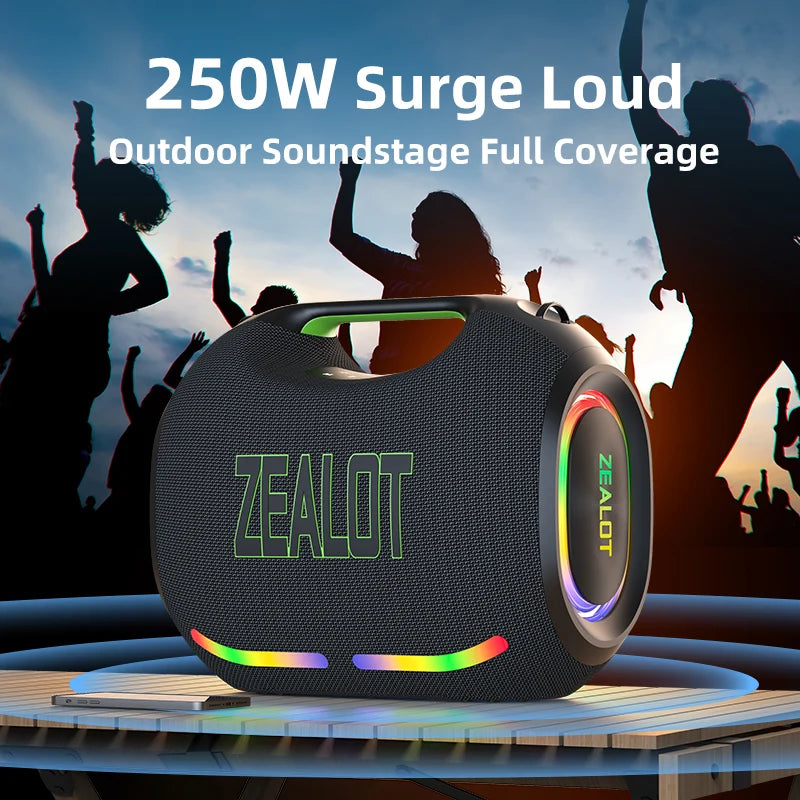 ZEALOT ZE21 250W Wireless Speaker, Outdoor Portable, 48000mAh Long Battery, With RGB Color Lights, Up To 18 Hours Of Play Time.