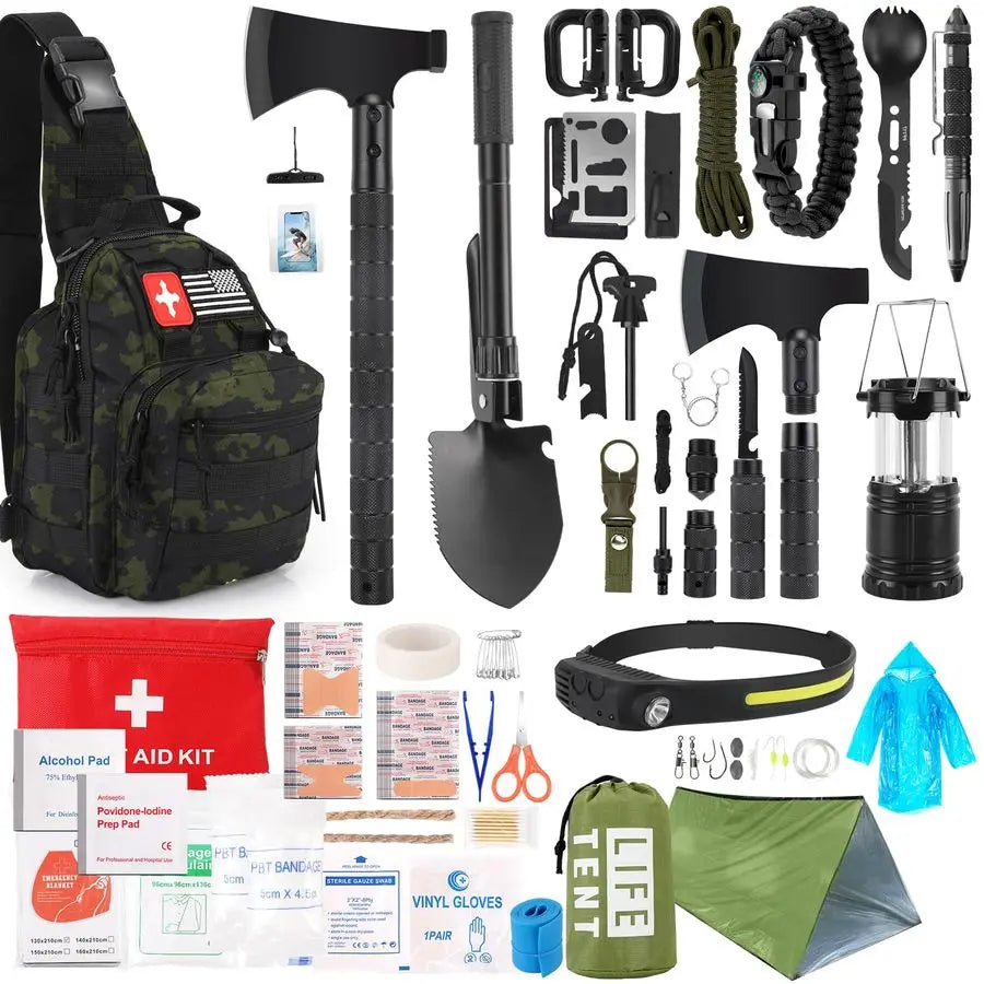 Kit, 268 Pcs Emergency Survival Gear and Equipment Supplies with First Aid Kit, Camping Axe, Headlamp, Crossbody Bag for Camping