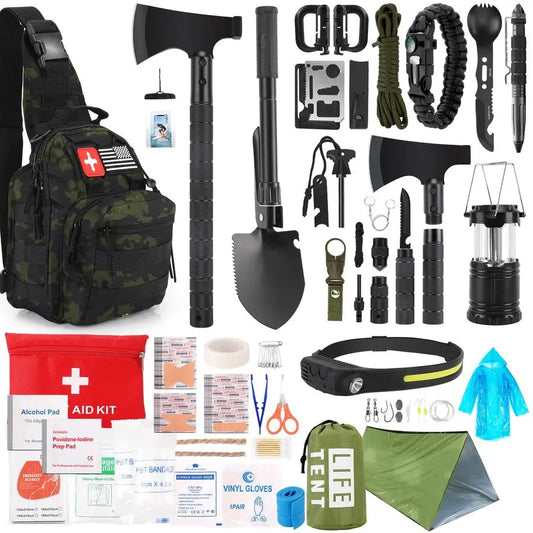 Kit, 268 Pcs Emergency Survival Gear and Equipment Supplies with First Aid Kit, Camping Axe, Headlamp, Crossbody Bag for Camping