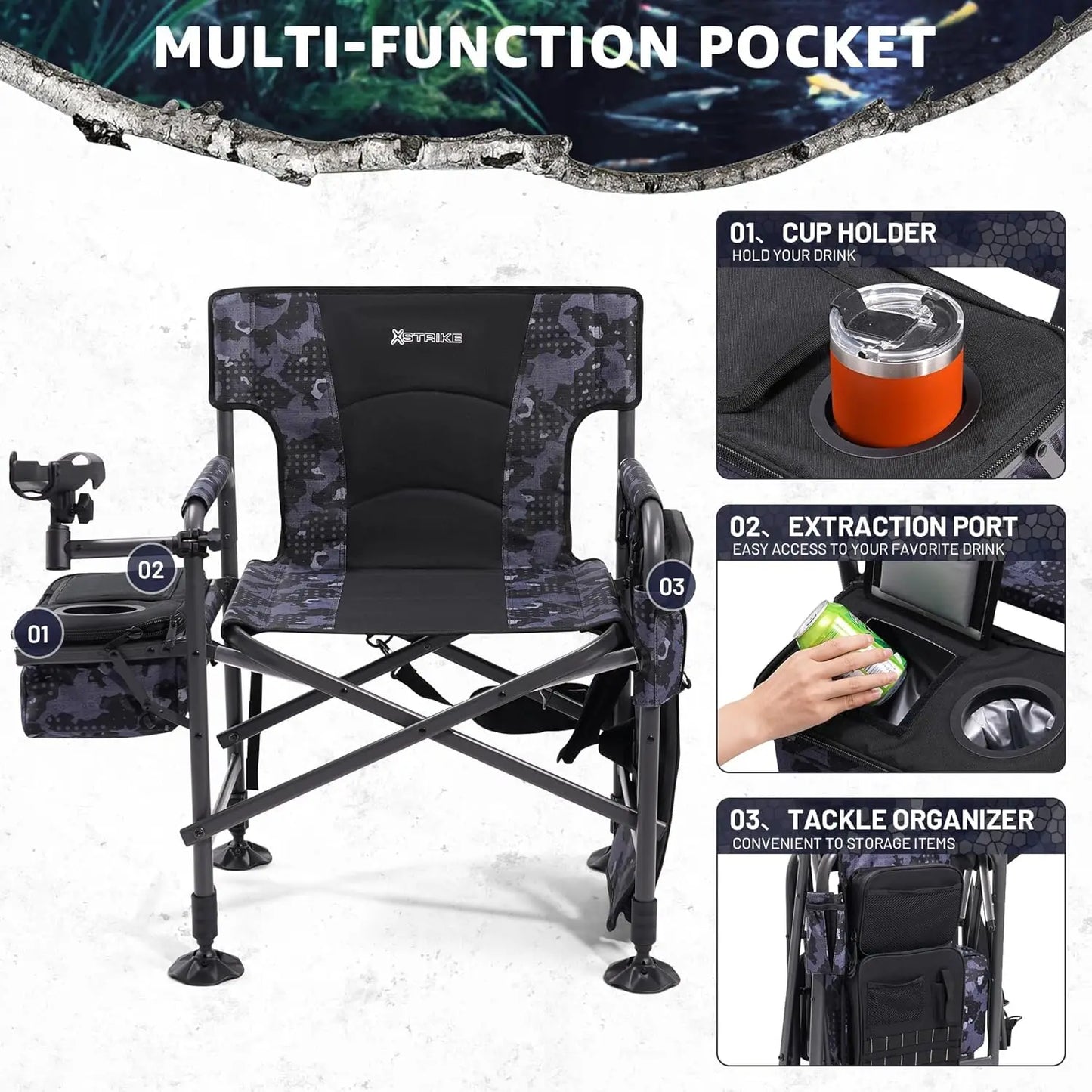Heated Folding Fishing Chair with Rod Holder, Cooler Bag, Adjustable Feet for Outdoor Camping and Ice Fishing - 350LBS Capacity