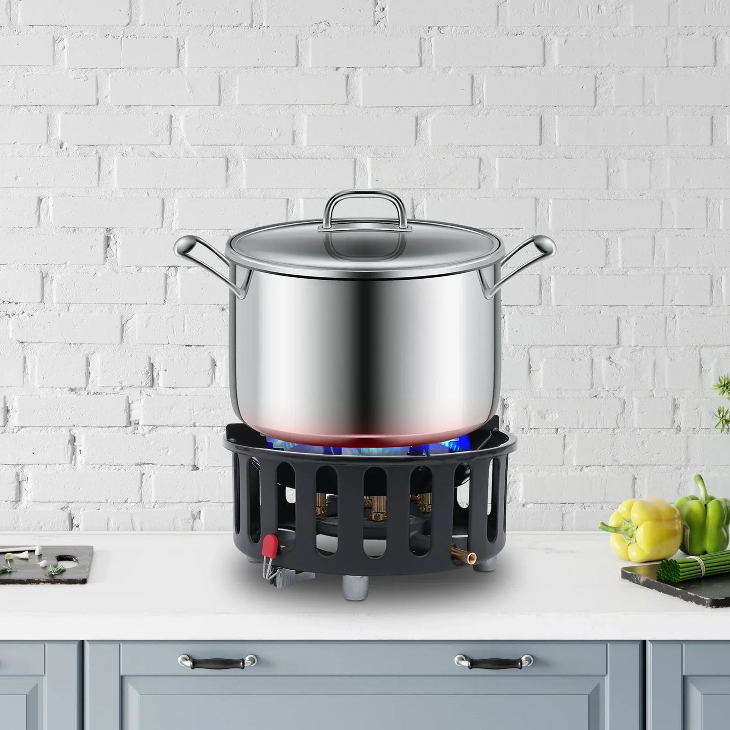 Portable Camping Stove - 7 Burners Electronic Ignition, 3 Adapters& Storage Bag, Windproof for Hiking Picnic Outdoor Cooking