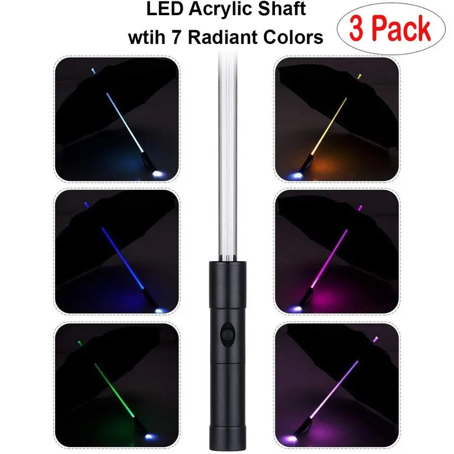 3 PACK LED Light Up Umbrellas with 7 Color Changing Effects Windproof Golf Umbrellas with Flashlight Handle Clear Black Gray