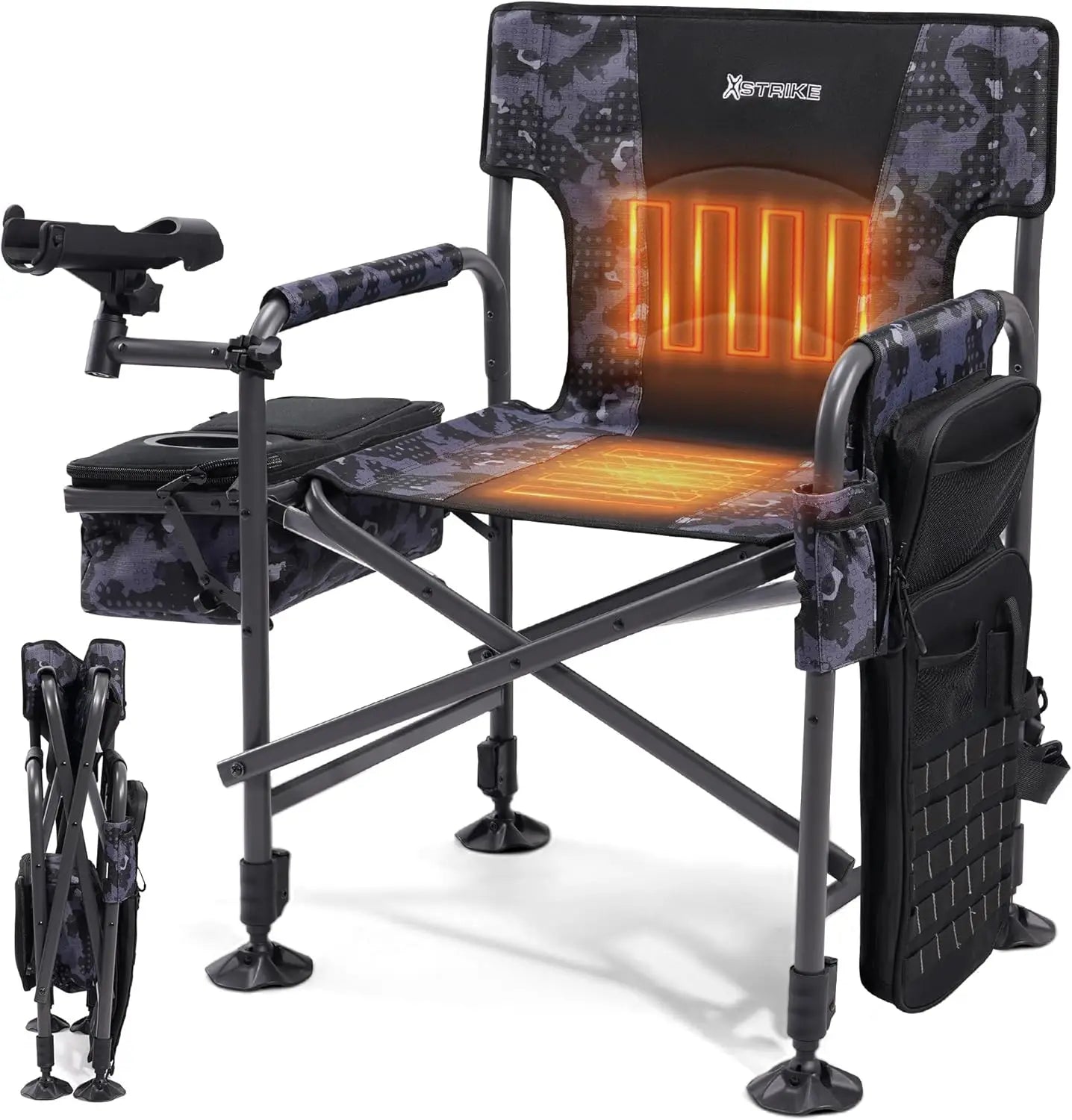 Heated Folding Fishing Chair with Rod Holder, Cooler Bag, Adjustable Feet for Outdoor Camping and Ice Fishing - 350LBS Capacity