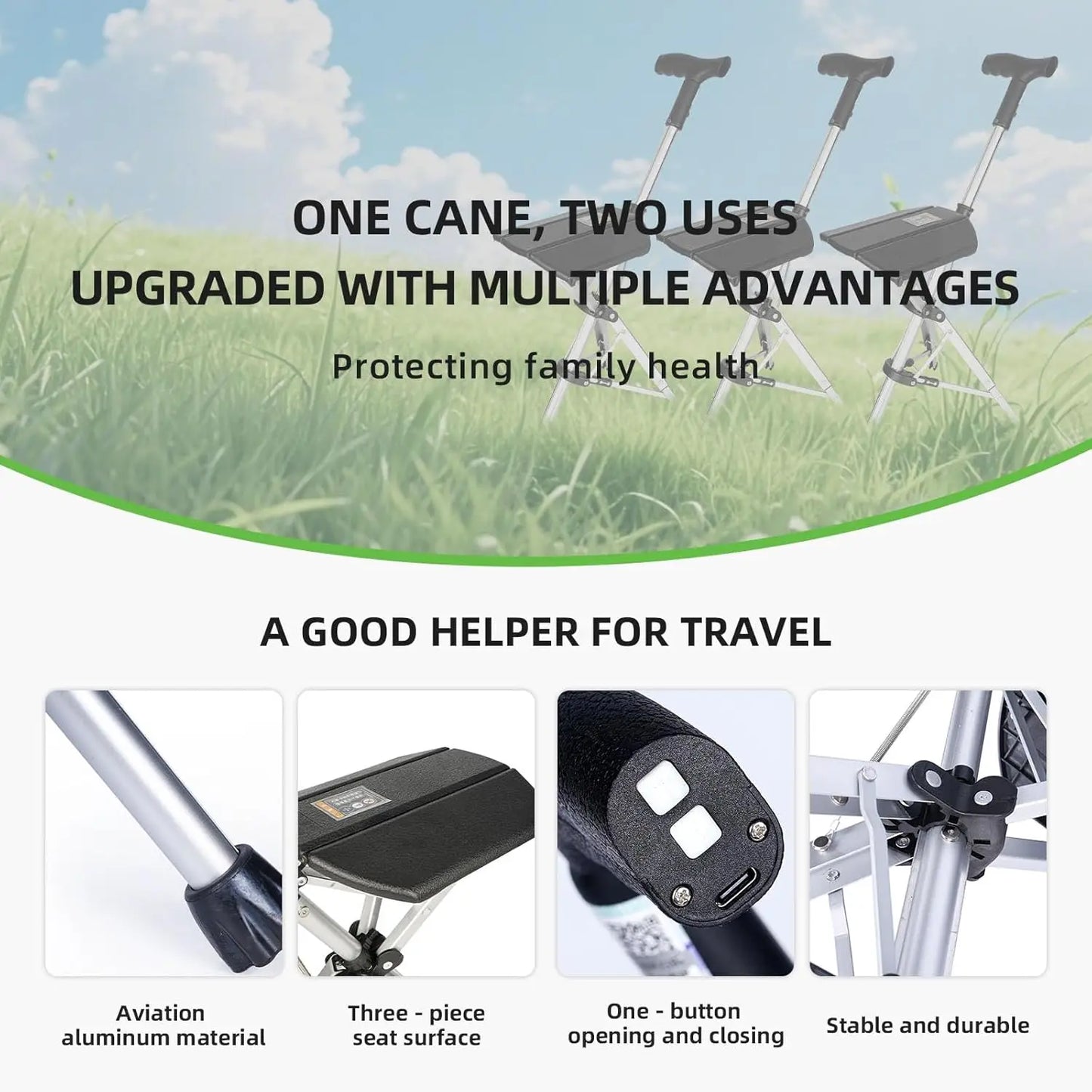 Electric Folding Hiking Pole with Seat, Lightweight Aluminum Walking Stick, Anti-Slip & Easy Carry