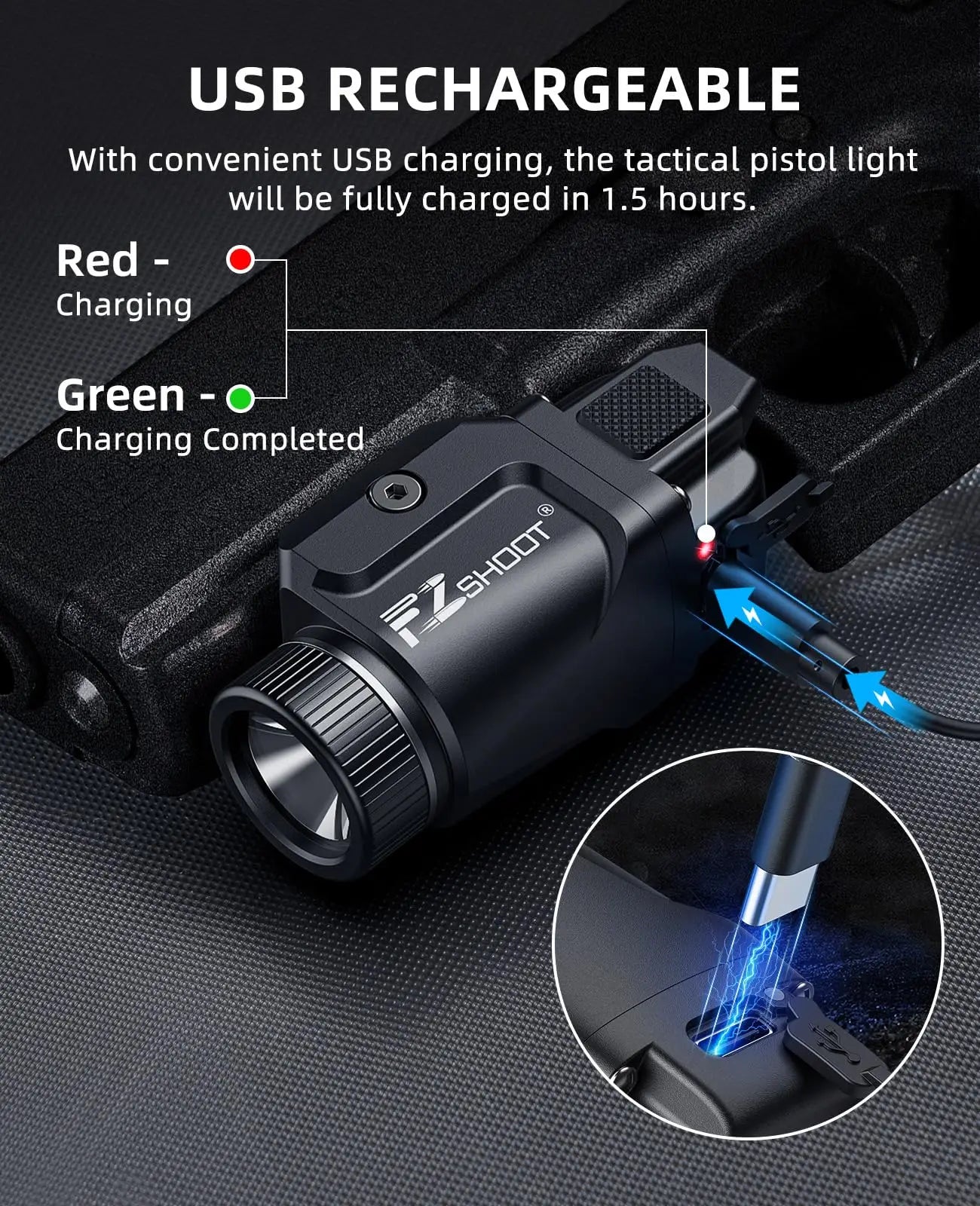 Bright Pistol Light Rechargeable Flashlight Strobe Mode For Picatinny and GL Rails Mini Gun light