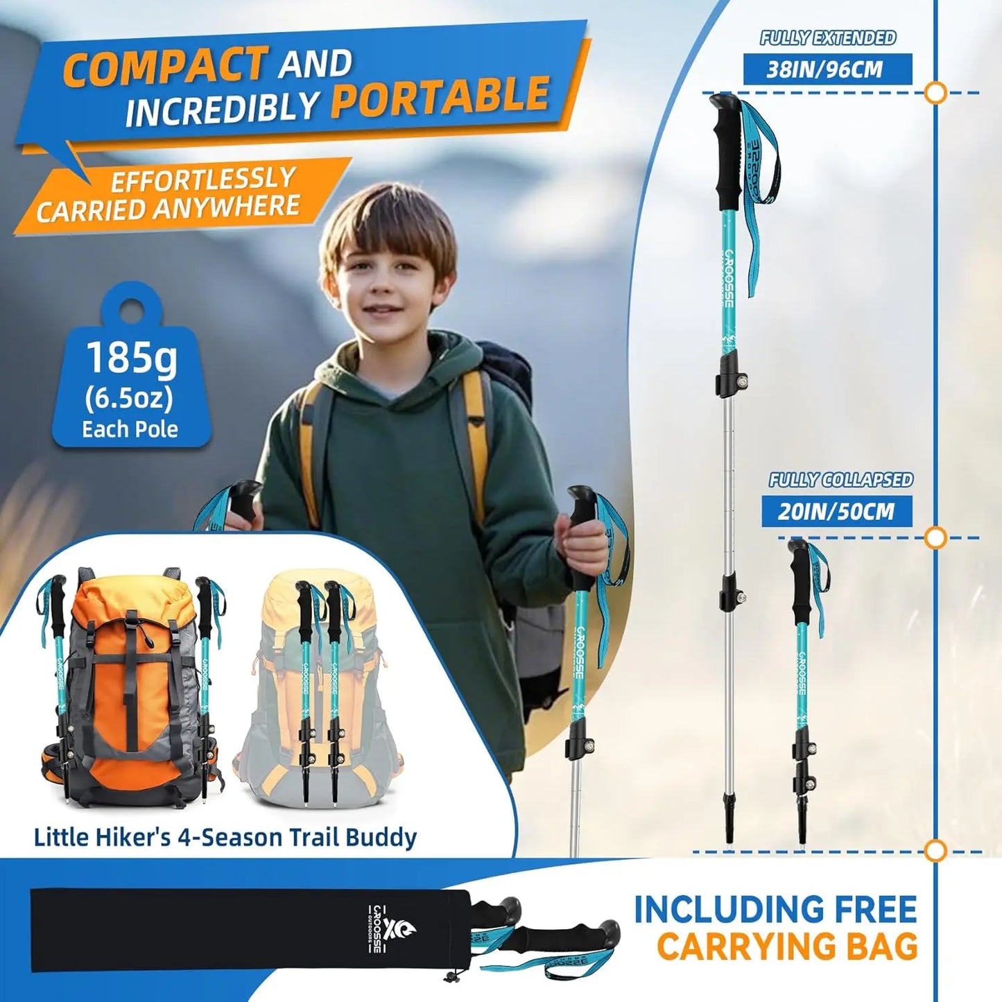 Lightweight Adjustable Kids Hiking Poles 2-Pack, Collapsible Telescoping Aluminum Trekking Sticks by Croosse