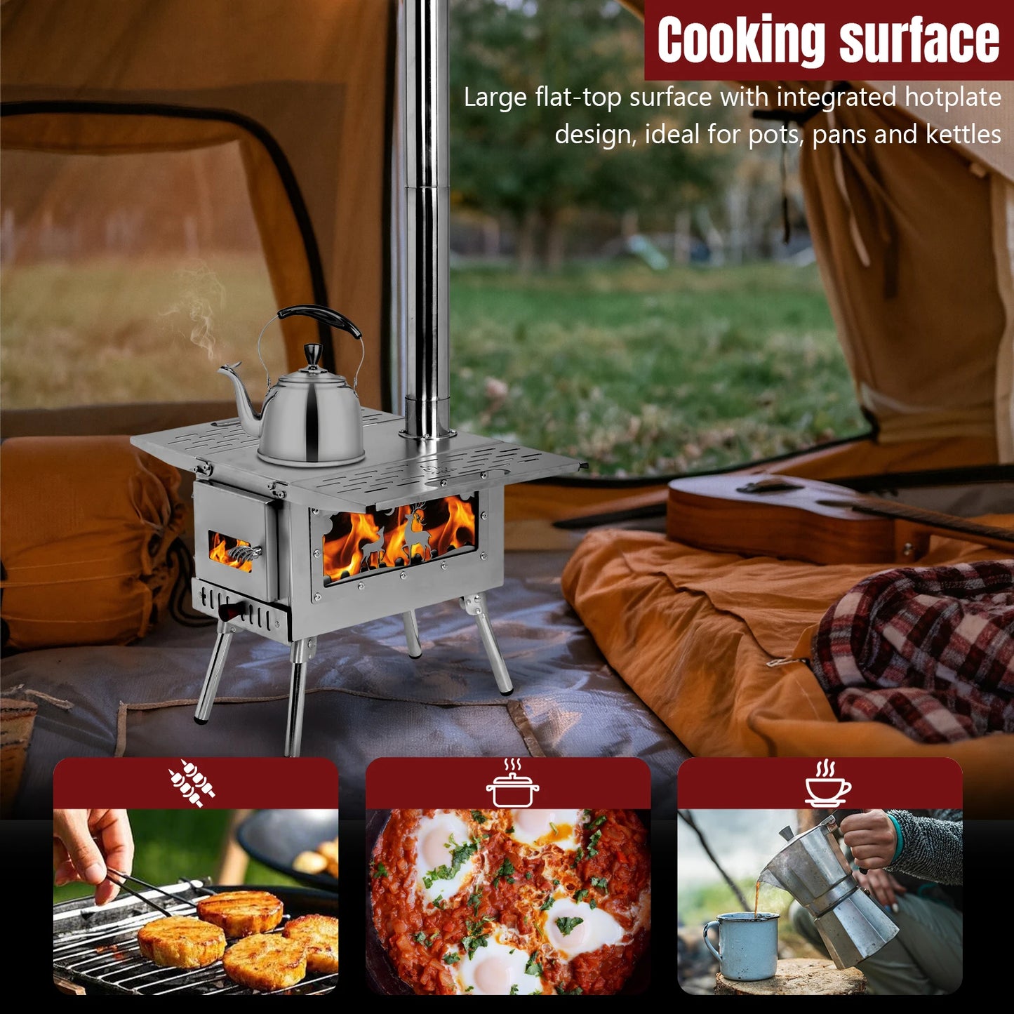 Portable Wood Burning Stove with Stainless Steel Construction Camping Stove for Outdoor Heating & Cooking Ice Fishing Hunting