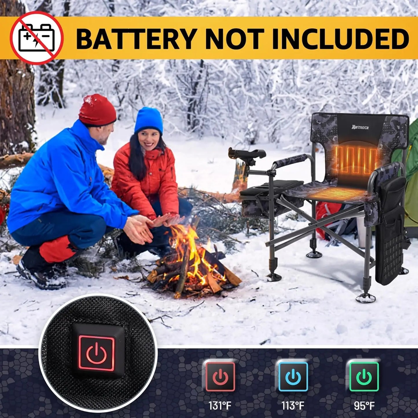 Heated Folding Fishing Chair with Rod Holder, Cooler Bag, Adjustable Feet for Outdoor Camping and Ice Fishing - 350LBS Capacity