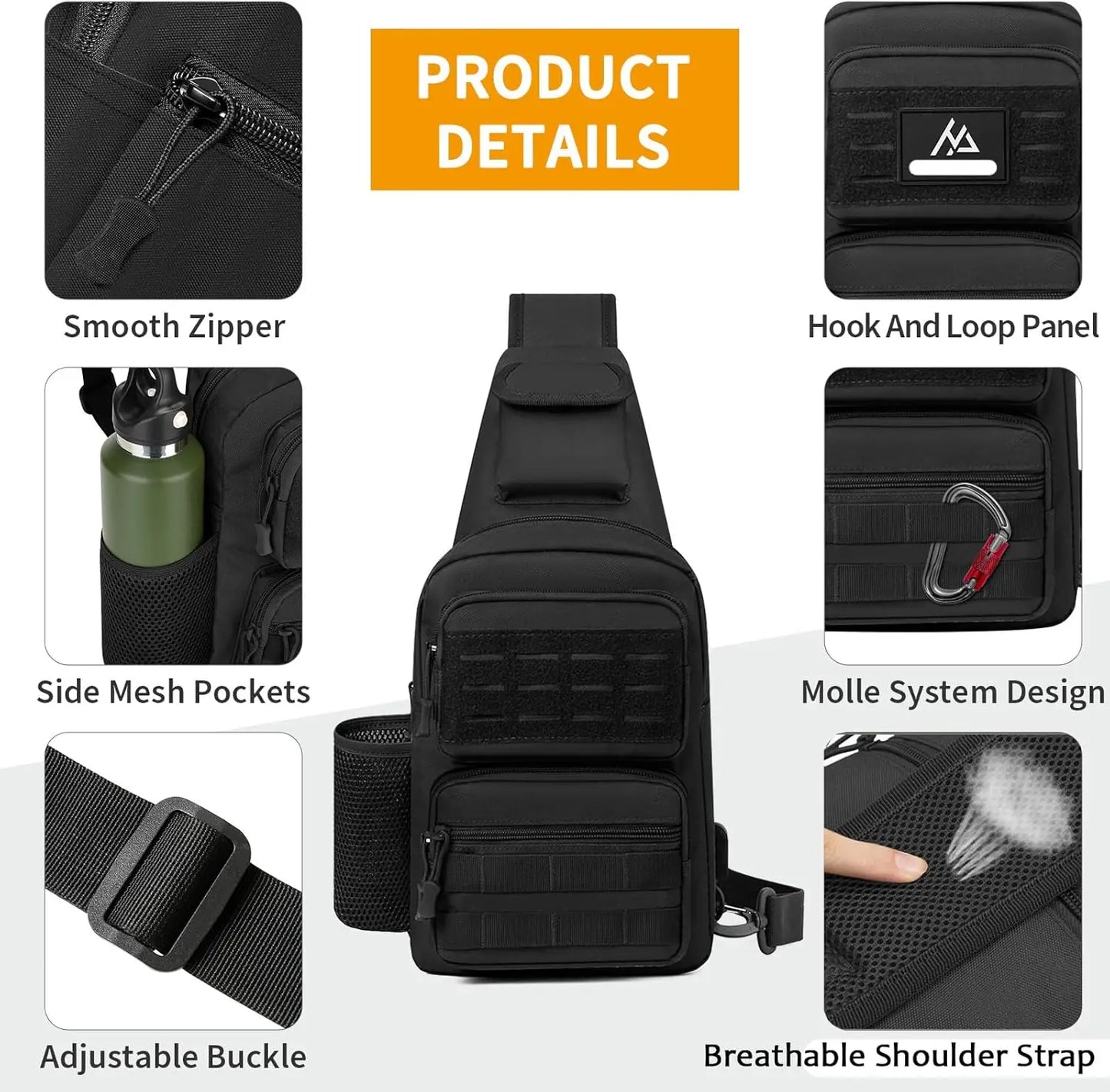 Tactical EDC Sling Bag Black Military One Strap Shoulder Backpack Small Molle Range Bags Chest Pack