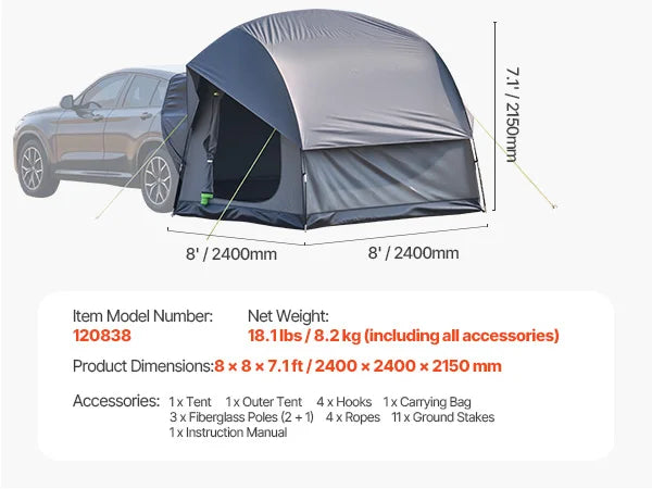 SucceBuy SUV Tent for Camping Waterproof PU2000mm Spacious Double Layer Design SUV Camping Tent with Shade Awning , Mesh Windows