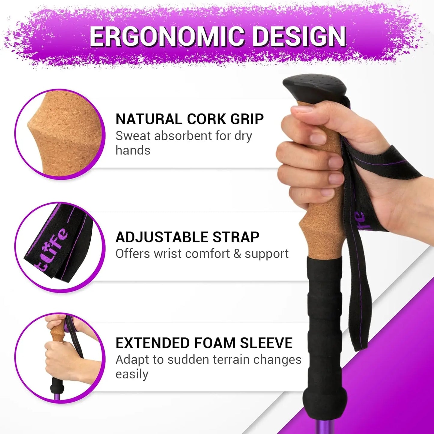 Lightweight Aluminum Trekking Poles with Cork Grips, Adjustable Telescopic Design for Hiking and Camping