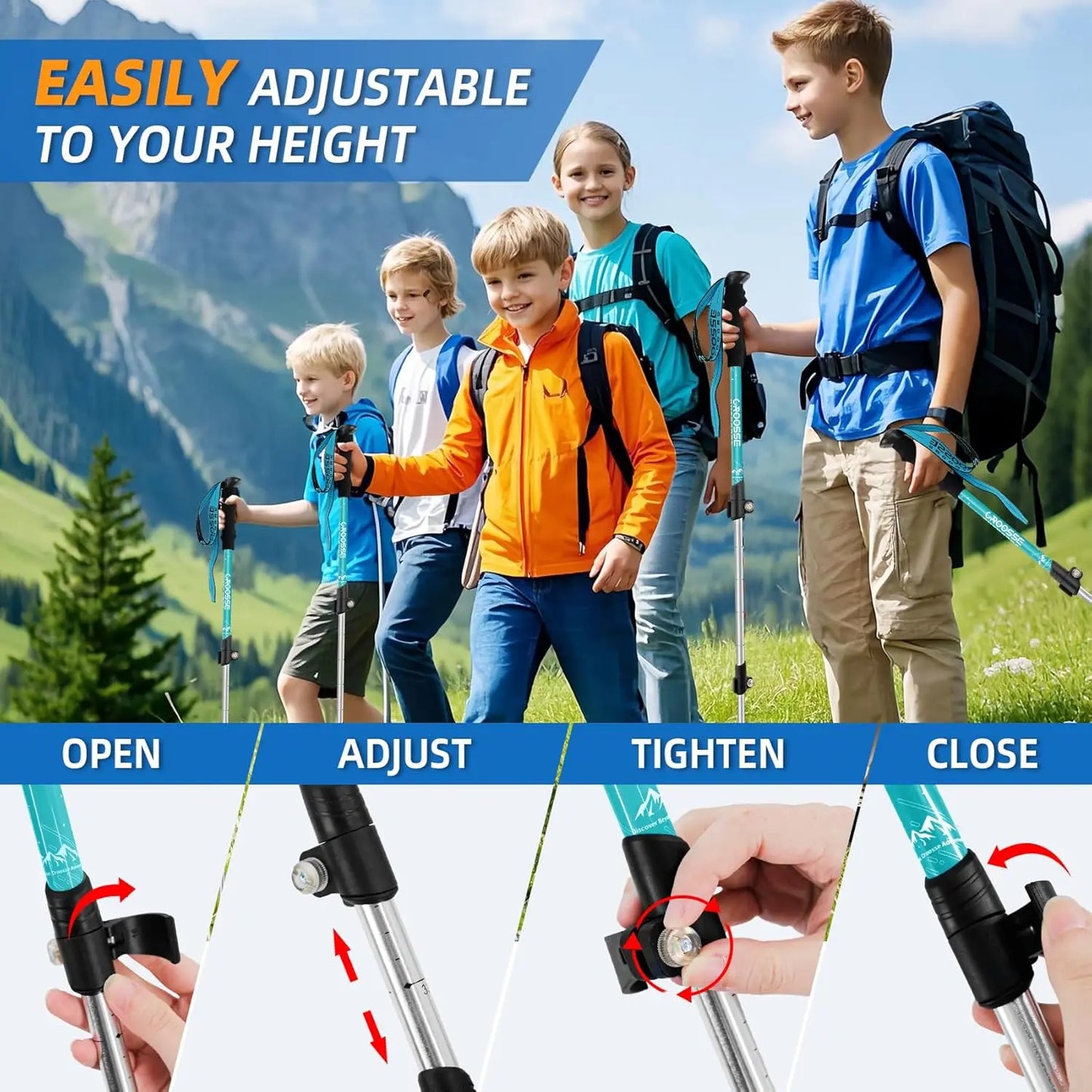 Lightweight Adjustable Kids Hiking Poles 2-Pack, Collapsible Telescoping Aluminum Trekking Sticks by Croosse