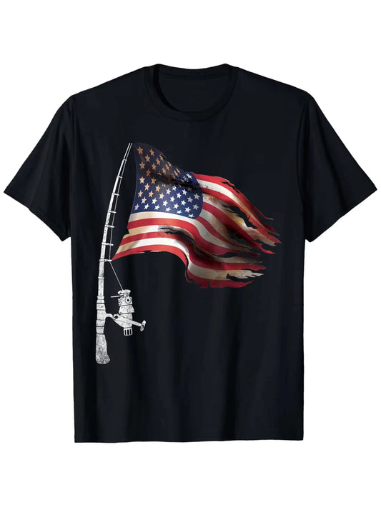 Patriotic Fishing American Flag T-Shirt for Men Cotton Comfortable Crew Neck Summer Top Slightly Elastic Fishing Shirt