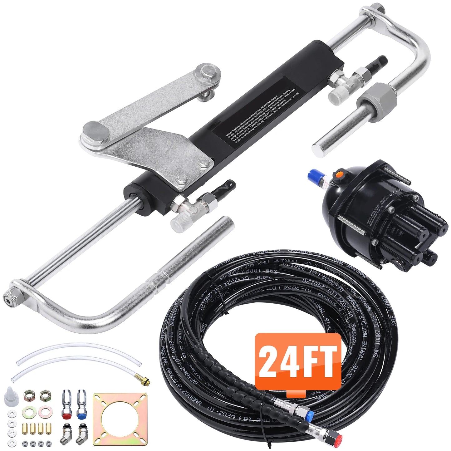 SucceBuy Hydraulic Outboard Steering Kit 90HP/150HP/300HP & Helm Pump and 24FT/26Ft Hose for Single Station Single-Engine Boats