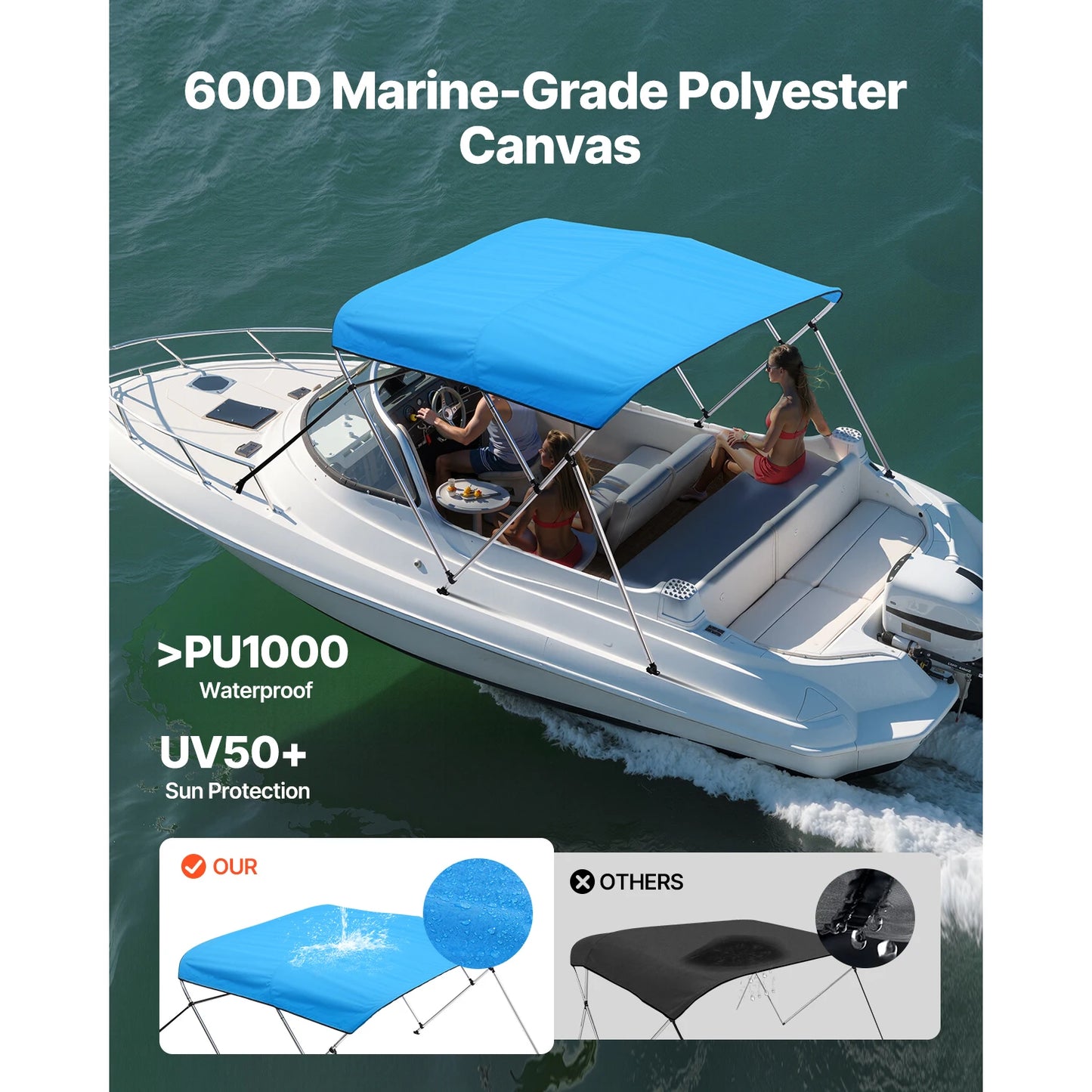 SucceBuy 3 Bow Boat Bimini Tops 600D Polyester Canopy with Aluminum Alloy Frame Waterproof Sun Shade Awning Canopy Fit for Boat