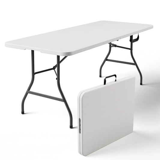 6ft Foldable Utility Table with Handle - Heavy Duty Plastic, Fold-in-Half Design, Portable for Indoor/Outdoor Events, White