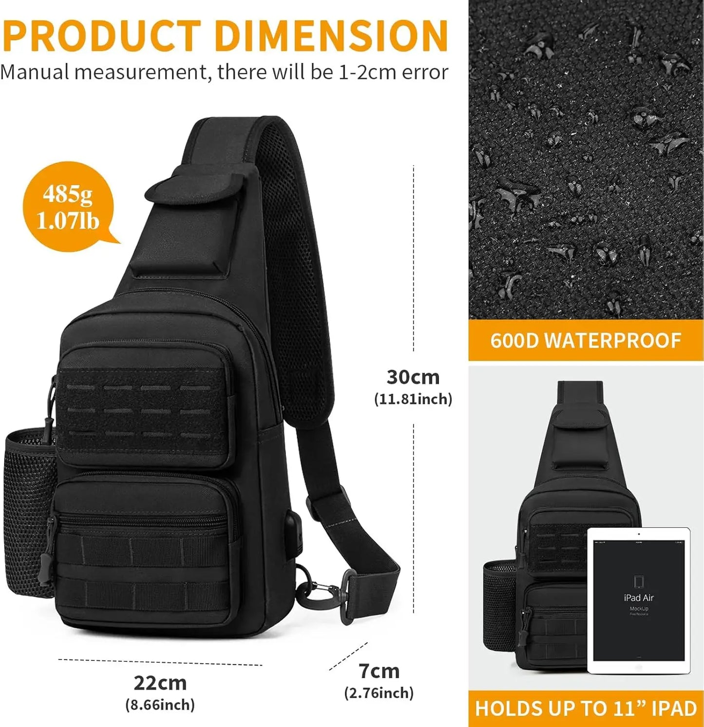 Tactical EDC Sling Bag Black Military One Strap Shoulder Backpack Small Molle Range Bags Chest Pack