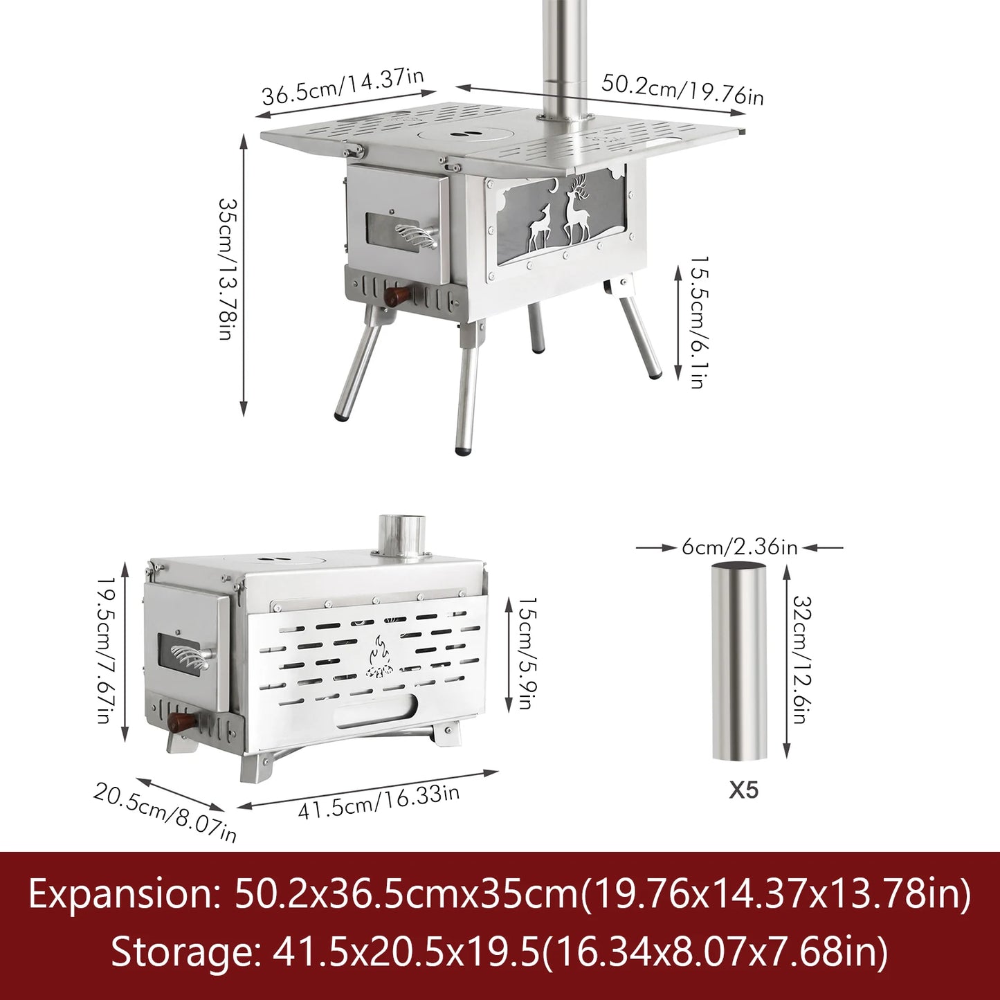 Portable Wood Burning Stove with Stainless Steel Construction Camping Stove for Outdoor Heating & Cooking Ice Fishing Hunting