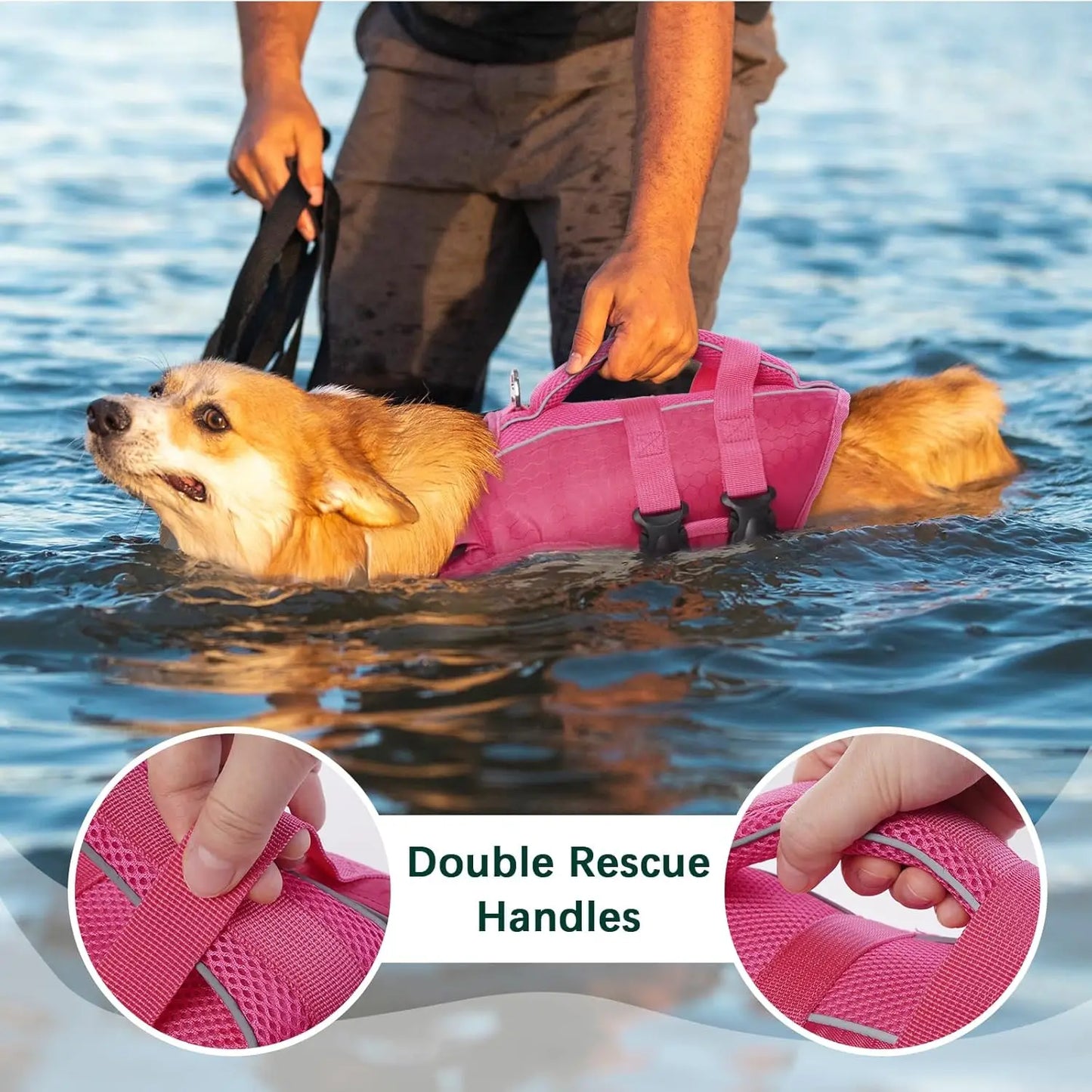 High Flotation Dog Life Jacket for Swimming Boating, Adjustable Reflective Vest with Rescue Handle, Lightweight for Pool Use