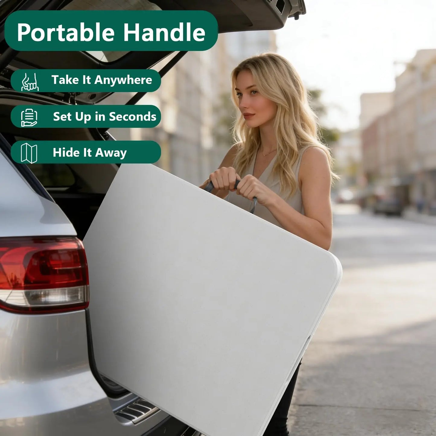 6ft Foldable Utility Table with Handle - Heavy Duty Plastic, Fold-in-Half Design, Portable for Indoor/Outdoor Events, White