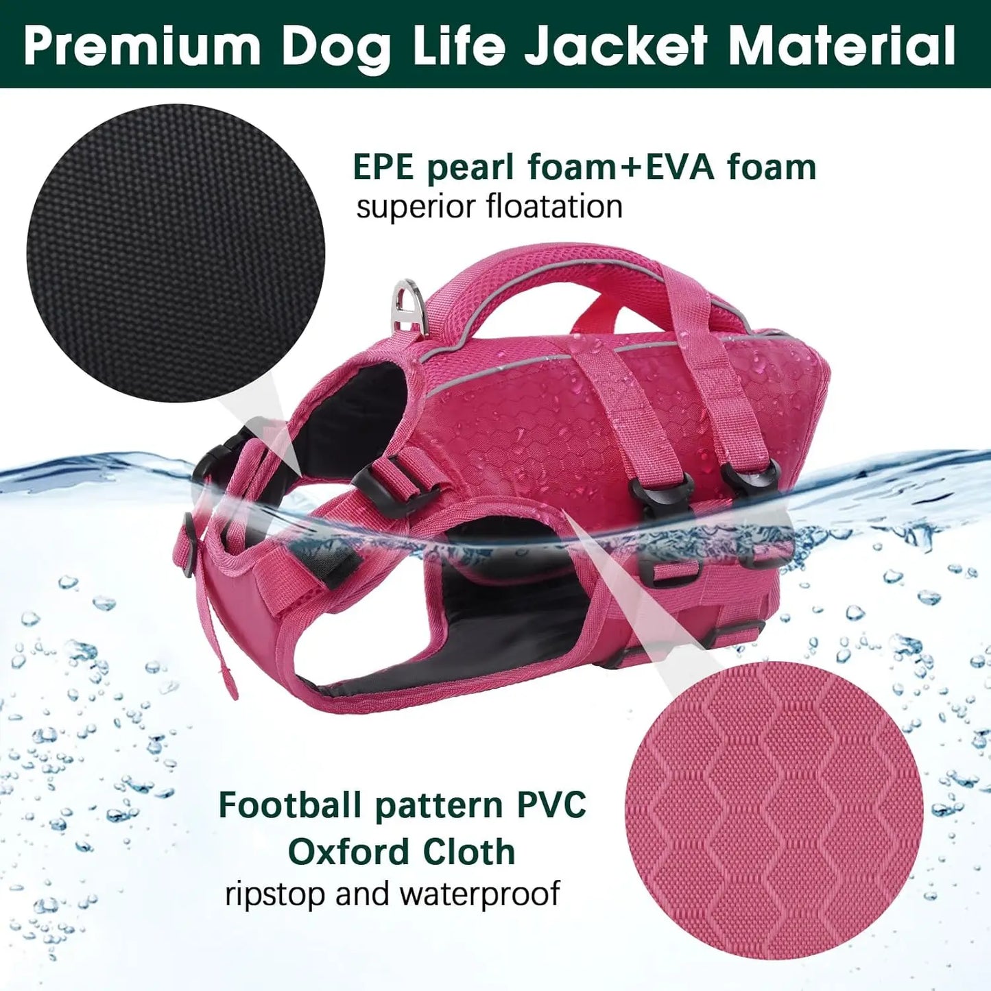 High Flotation Dog Life Jacket for Swimming Boating, Adjustable Reflective Vest with Rescue Handle, Lightweight for Pool Use