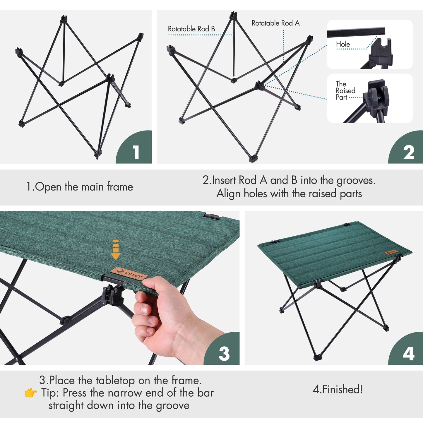 VILLEY Folding Camping Table with Carry Bag, Portable Lightweight Beach Table with Oxford Fabric and Reinforced Aluminum Panel