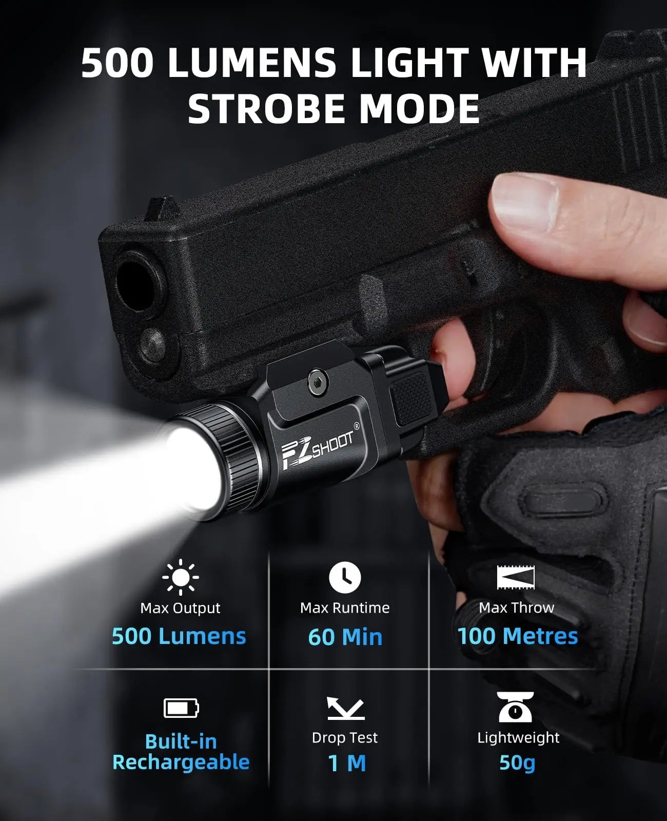 Bright Pistol Light Rechargeable Flashlight Strobe Mode For Picatinny and GL Rails Mini Gun light