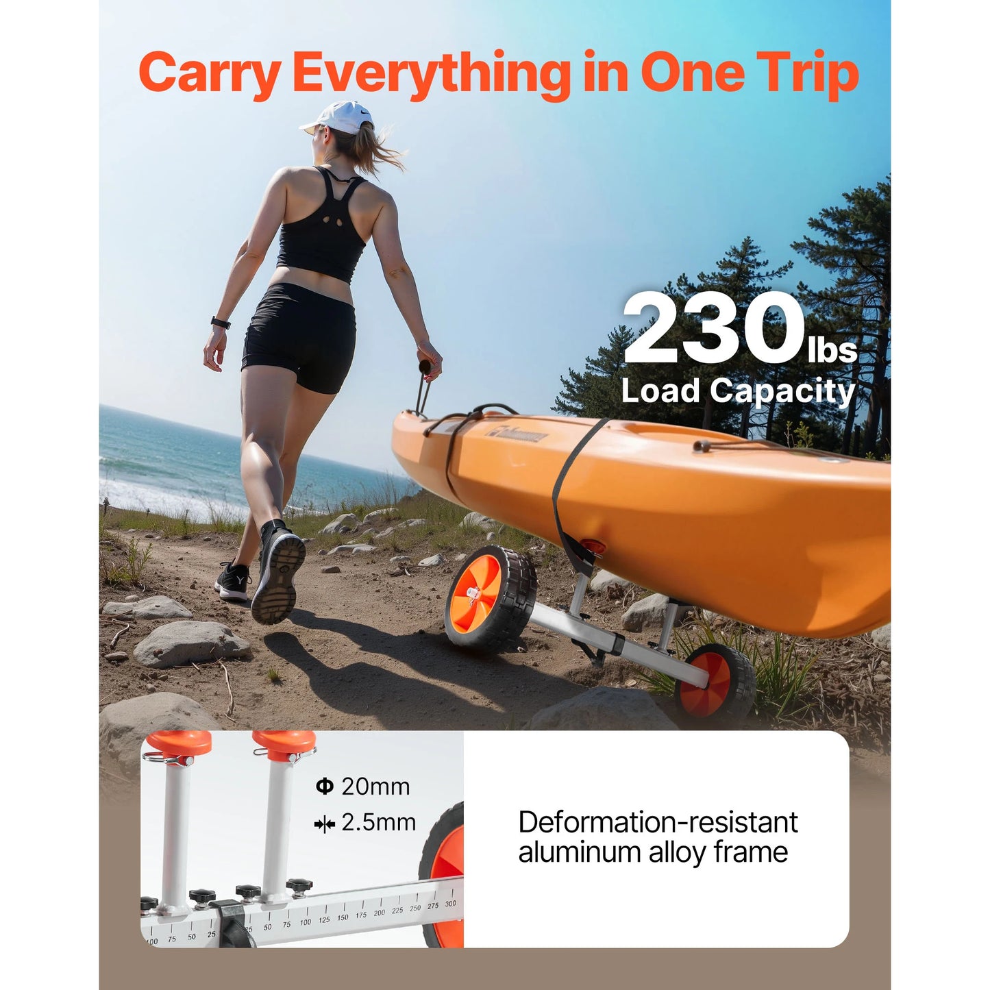 SucceBuy Kayak Cart 230 lbs Load Capacity Canoe Cart Dolly with 10inch Solid PU Tires & Kickstand for Kayaks Canoes Paddleboards