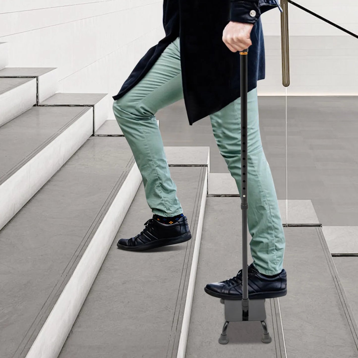 2-in-1 Stair Climbing Cane Heavy Duty Assist Cane Adjustable Convertible Walking Stick w/9" Pedal for Elderly & Mobility Aid