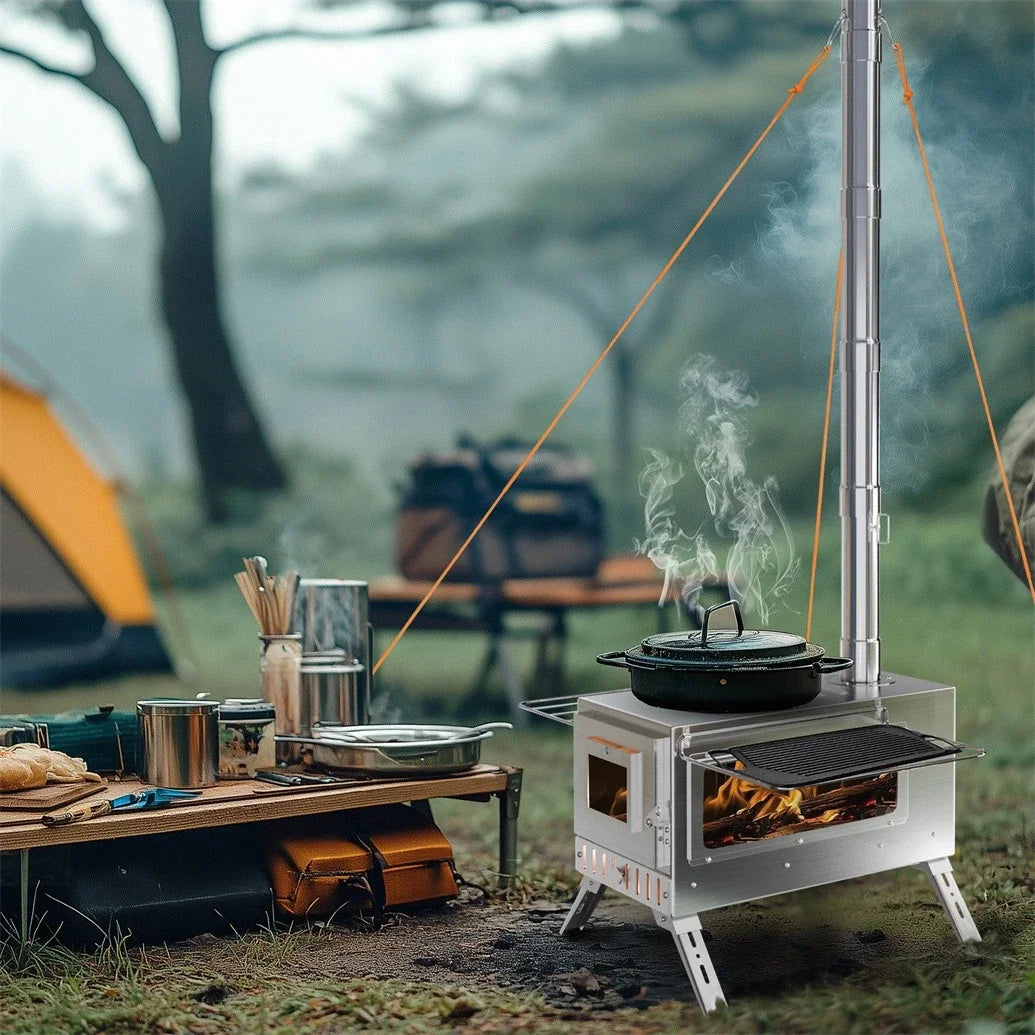 Hot Tent Stove, unho Wood Burning Stove, Portable Wood Stove with 6 Stainless Chimney Pipes for Outdoor Heating & Cooking
